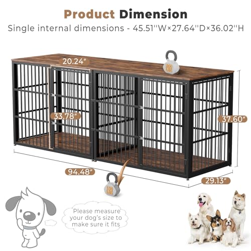 94.48'' Dog Crate Furniture Large Breed TV Stand with Double Rooms for 2 Dogs,Wooden Dog Kennel Dog Crate End Table with Removable Divider for Large Medium Dogs, Can Use Separately