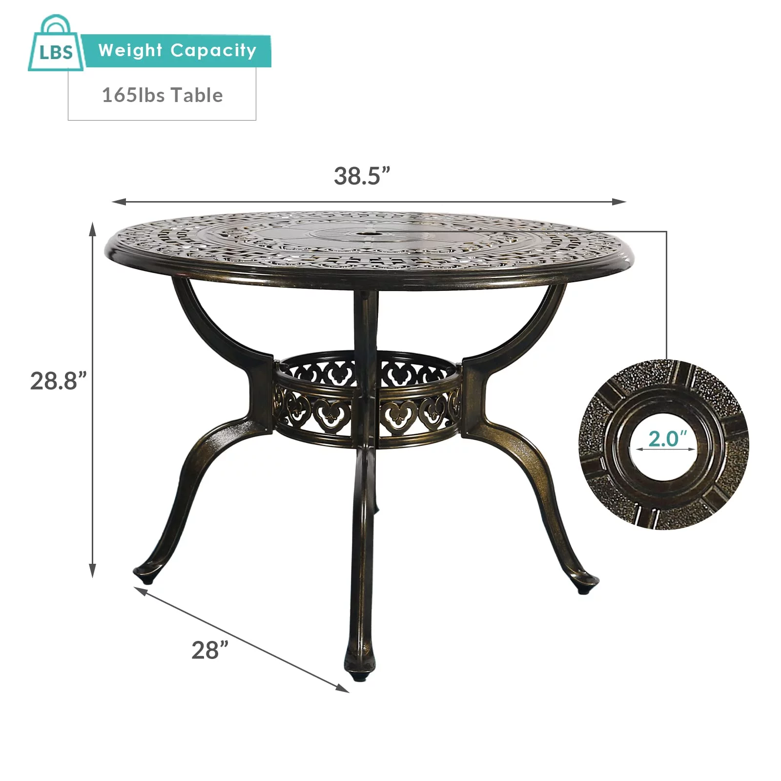MEETWARM 38.5" Round Patio Dinning Table, Outdoor Cast Aluminum Dinning Table with 2" Umbrella Hole, Dark Bronze