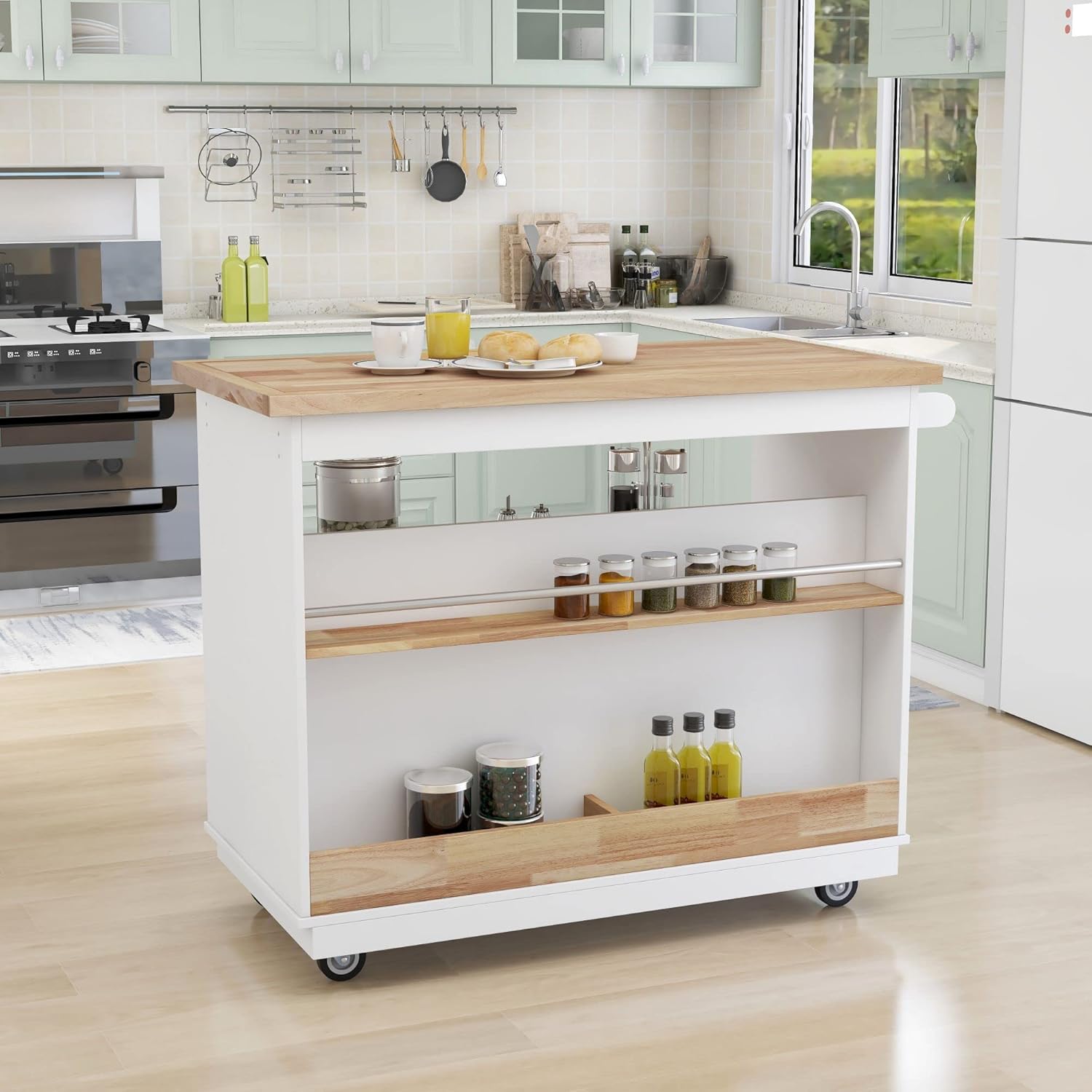 Rolling Kitchen Island with Storage, Two-Sided Kitchen Island Cart on Wheels with RubberWood Top,Wine and Spice Rack, Large Kitchen Cart with 2 Drawers, 3 Open Compartments, White