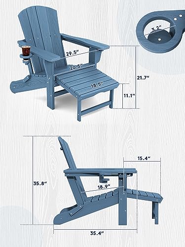 KINGYES Folding Adjustable Adirondack Chair with Retractable Ottoman Set of 4, HDPE All Weather Chair with Cup Holder, Wood-Like Reclining Adirondack Chair- Versatile Adirondack Chair, White