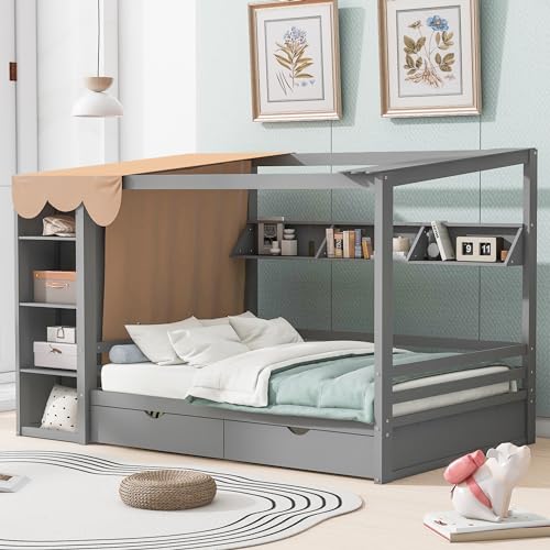 Multi-functional Twin Size House Bed with 2 Drawers and Built-in Wardrobe, Solid Wood Daybed Platform Bed Frame with Curtain Fabrics and Shelves, Maximising Space (Grey-Curt)