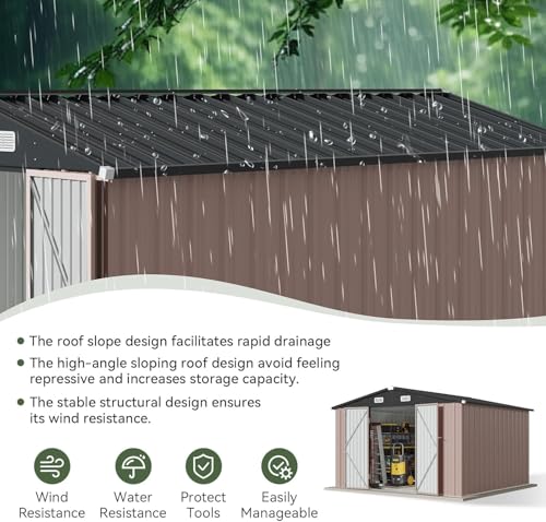 Aoxun 10 x 12FT Outdoor Storage Shed with Double Hinged Large Door Utility Garden Shed with Lockable Door & Sloped Roof Metal Sheds Outdoor Storage for Garden, Backyard, Patio and Backyard, Brown