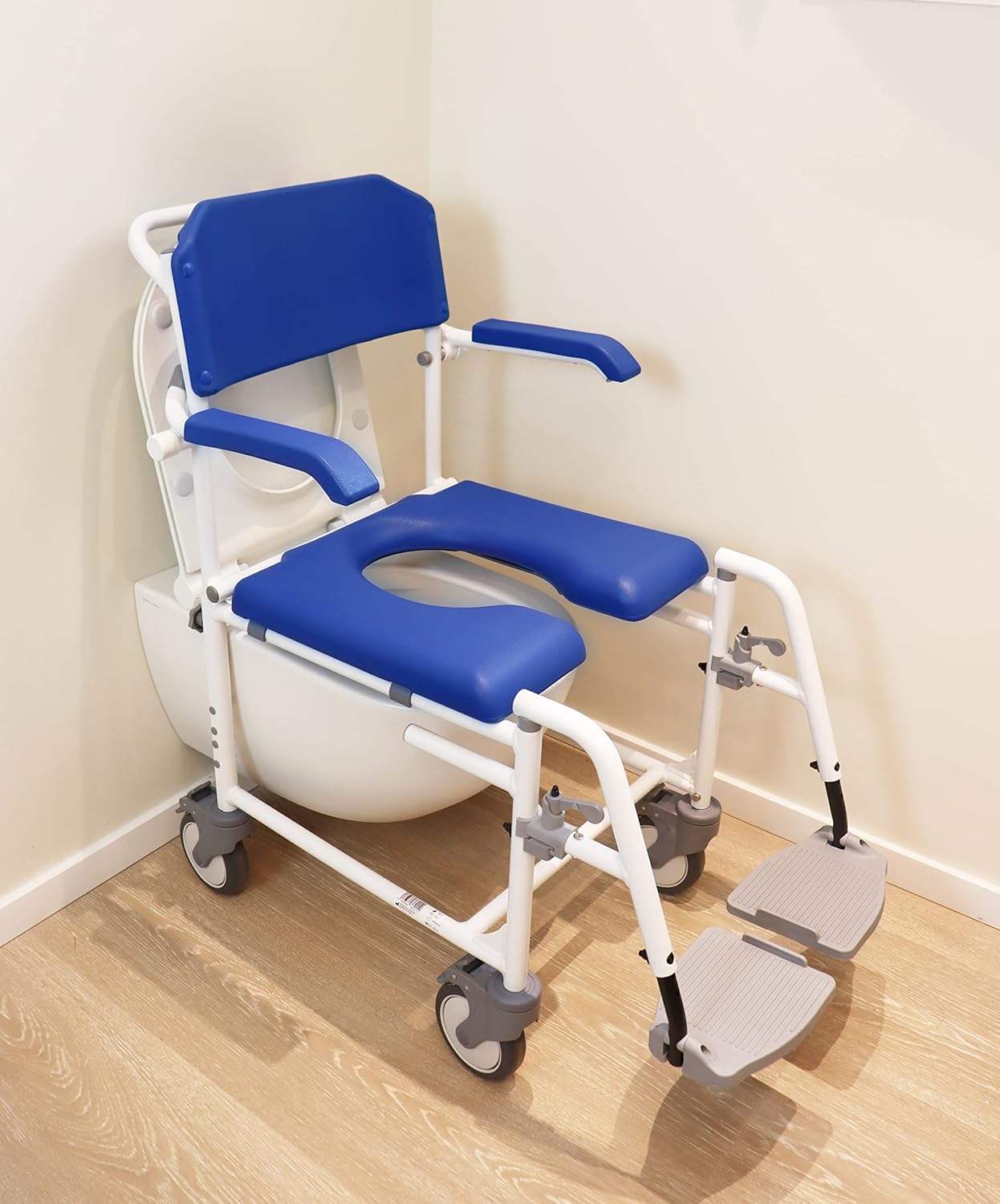 KMINA PRO - Shower Commode Wheelchair with 4 Lockable Wheels for Elderly, Rolling Shower Chair, Adjustable Shower Wheelchairs for Adults, Shower Wheelchair for Inside Shower Blue