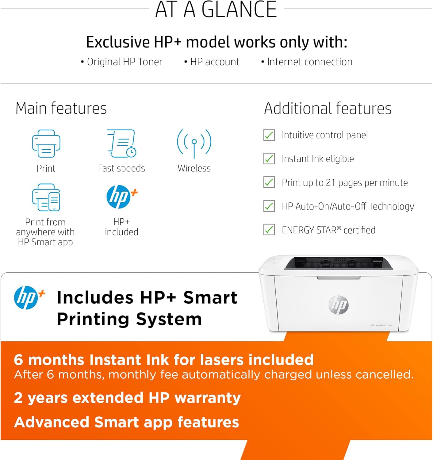 HP LaserJet M110we Wireless Black and White Printer with HP+ and Bonus 6 Months Instant Ink (7MD66E)