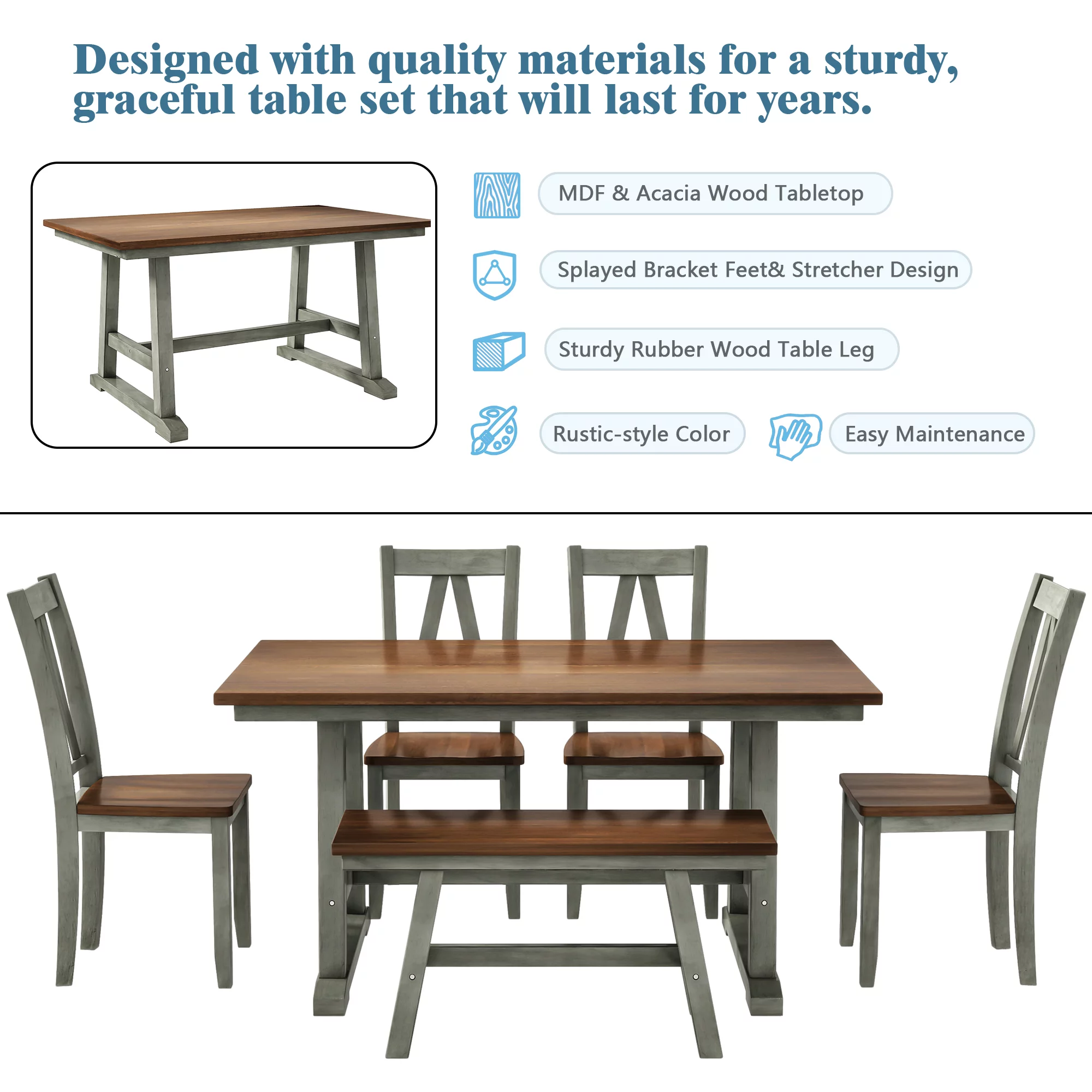 6 Piece Farmhouse Style Solid Wood Dining Room Set with Long Bench and 4 Dining Chairs, Rustic Farmhouse Kitchen Table Set with Bench and 4 Chairs, 36” x 60” Rectangle Table(Walnut+Gray)