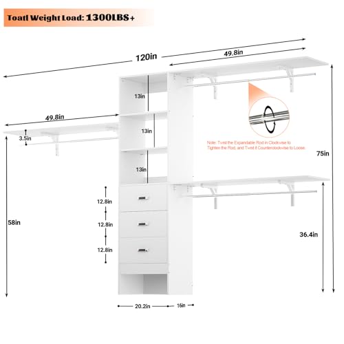 Armocity 120 Inches Closet System, 10FT Walk In Closet Organizer with 3 Shelving Towers, Heavy Duty Clothes Rack with 3 Drawers, Built-In Garment Rack, 120" L x 16" W x 75" H, Load 1300 LBS, White Oak