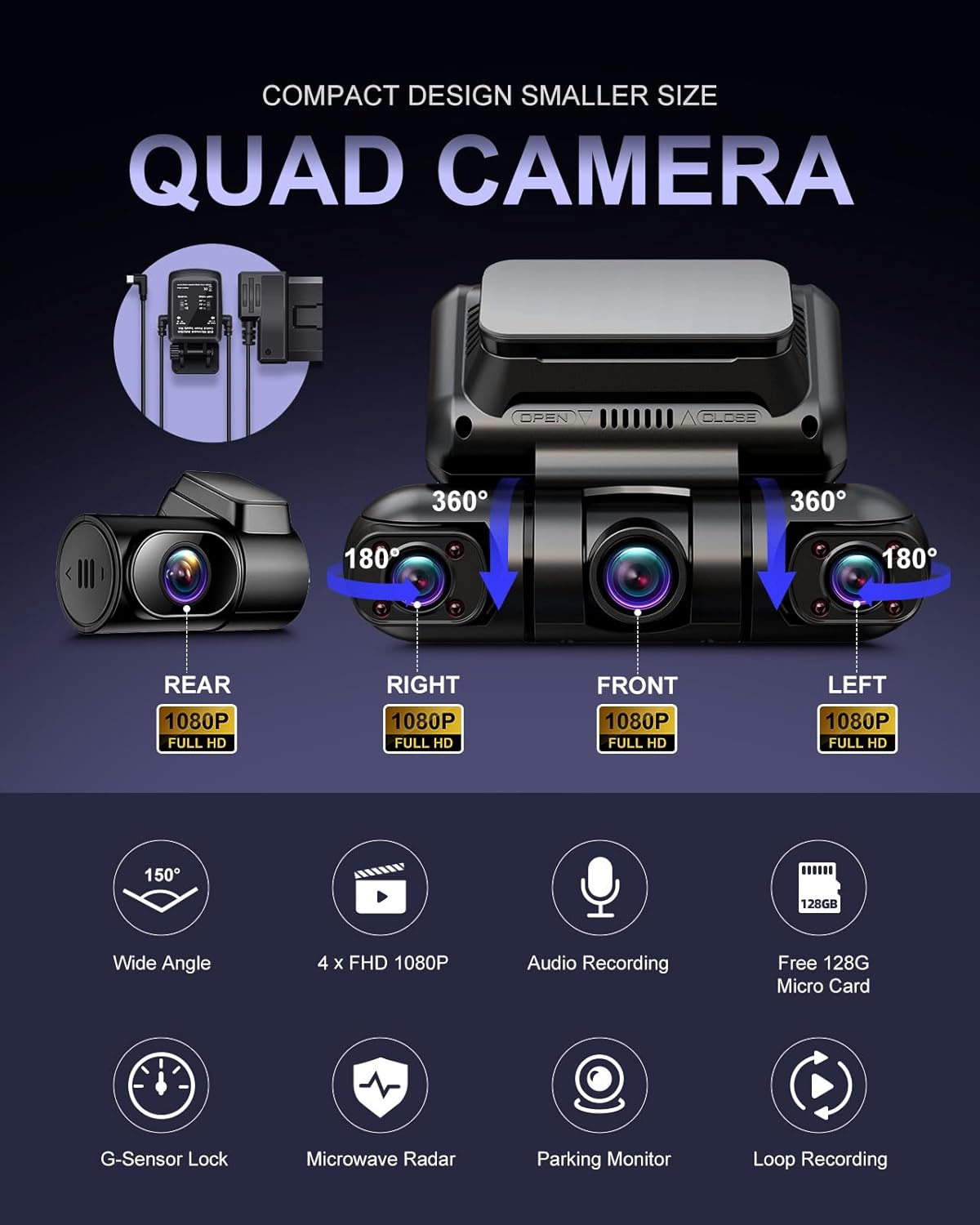 PRUVEEO Dash Cam, 4 Channel Front and Rear Inside Left Right, Microwave Radar Motion Detection Parking Mode Monitoring, Built-in GPS WiFi, Free 128GB Card, D90-4CH-RGW