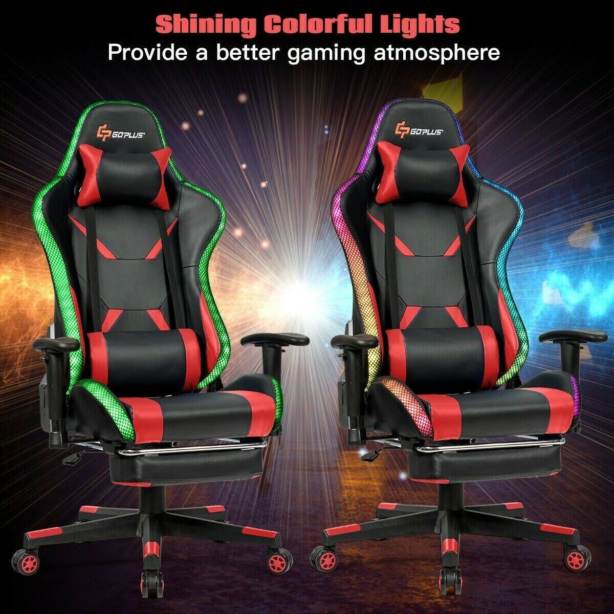 Costway Massage Racing Gaming Chair Chair with RGB LED Lights-Red