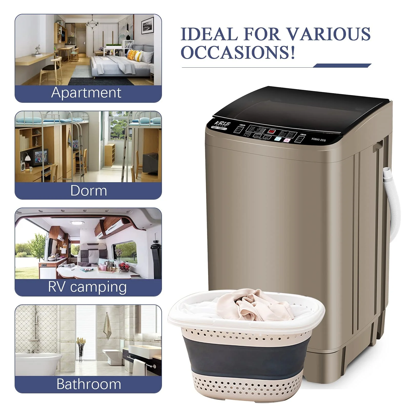 GGTB Portable Washing Machine, 1.9 Cu.ft Fully Automatic Compact Washer, 10 Wash Programs Washer with Drain Pump for Apartments, RVs, Camping, Coffee Gold