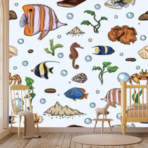 Peel and Stick Wallpaper Cute underwater world sea jellyfish seaweed cartoon style Deep ocean Canvas Wallpaper Wall Decor Wall Art Removable Wall mural for Room Decor Bedroom Living Room Furniture