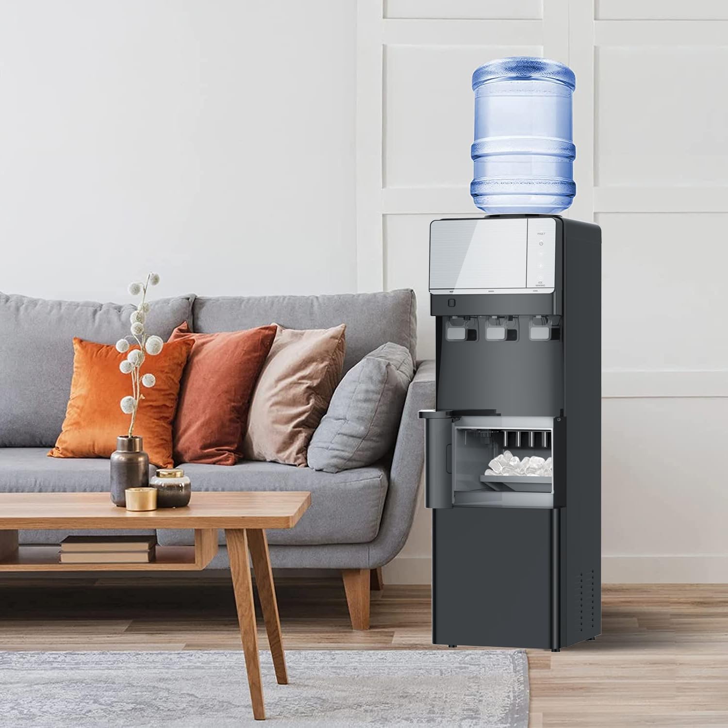 Water Cooler Dispenser with Ice Maker - Top Loading Water Dispenser 3 or 5 Gallon - 3 Temperature Setting - 27 lbs in 24 hrs - 9 Ice Cubes Per 5-7 Mins - Child Safety Lock Black