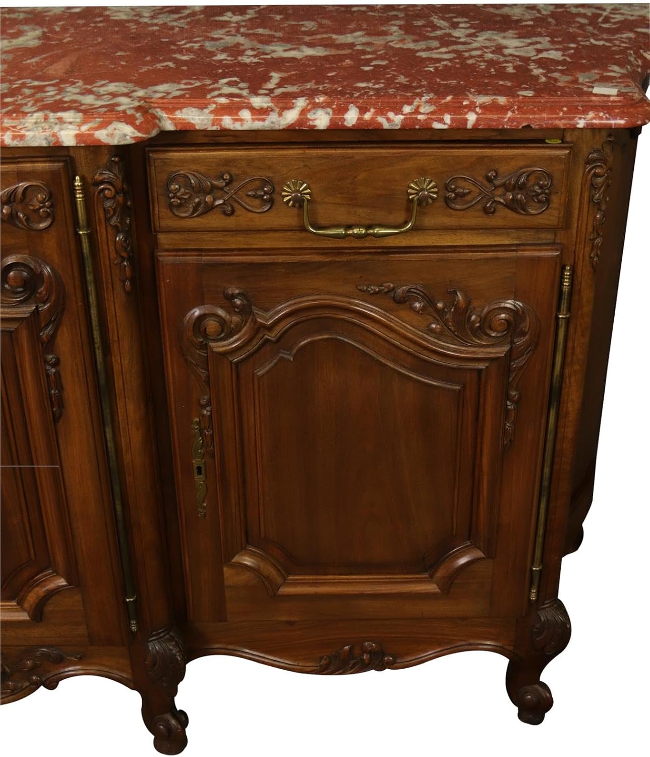 Sideboard Louis XV French Rococo 1920 Carved Walnut Shell, Red Pink Marble Top