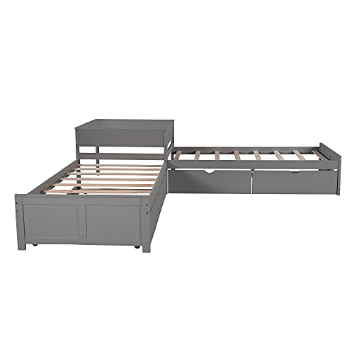Harper & Bright Designs L-Shaped Corner Platform Beds with Trundle, Wood Double Twin Size Beds with 2 Drawers, Built-in Table for Family Kids Teens Bedroom Furniture (Grey)