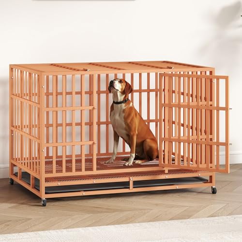 48 Inch Heavy Duty Indestructible Dog Crate Steel Escape Proof, Indoor Double Door High Anxiety Cage, Kennel with Wheels, Removable Tray, Extra Large XL XXL