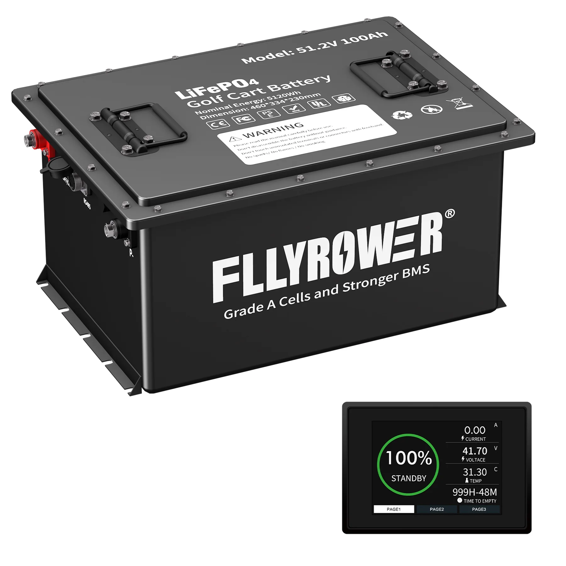 FLLYROWER Lifepo4 48V 100AH Golf Cart Battery with 200A BMS high Current Continuous Operation Grade A Cells 10000+ Deep Cycles Include Battery Monitor - Curated Treasures Market