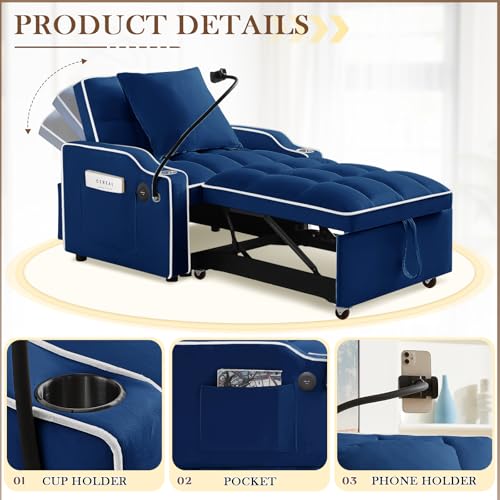 Convertible Sleeper Sofa Bed, 3 in 1 Velvet Pull Out Loveseat Couch Modern Comfy Futon Sofa with Adjustable Backrest & Phone Holder & USB Charging Space Saving for Living Room, Small Apartment, Grey