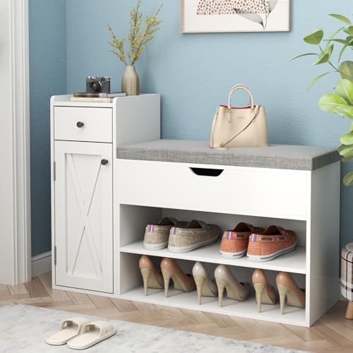 Loomie Shoe Storage Bench, 2-Tier Farmhouse Entryway Bench with Sliding Barn Door Storage Cabinets & Full Soft Removable Seat Cushion, Silm Shoe Rack with Shoe Cabinet for Entryway, Hallway, Bedroom