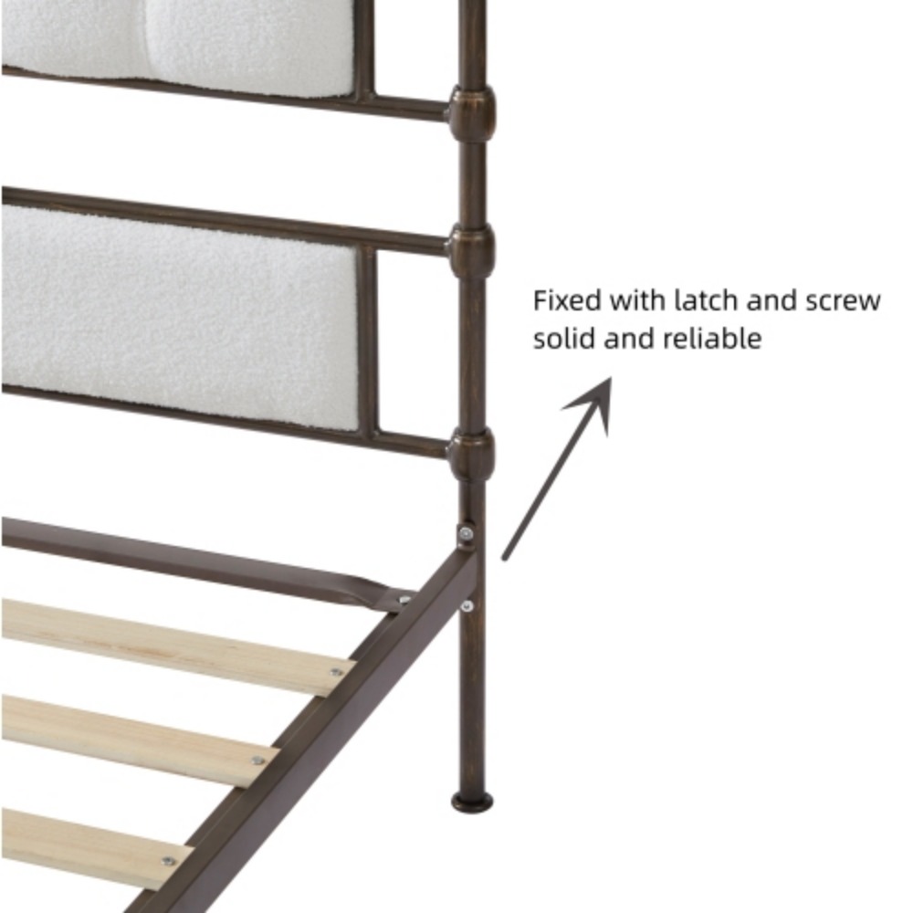 Queen size High Boad Metal bed with soft head and tail, no spring, easy to assemble, no noise  Foam + White + Metal + Bedroom + Queen + Bed Frame
