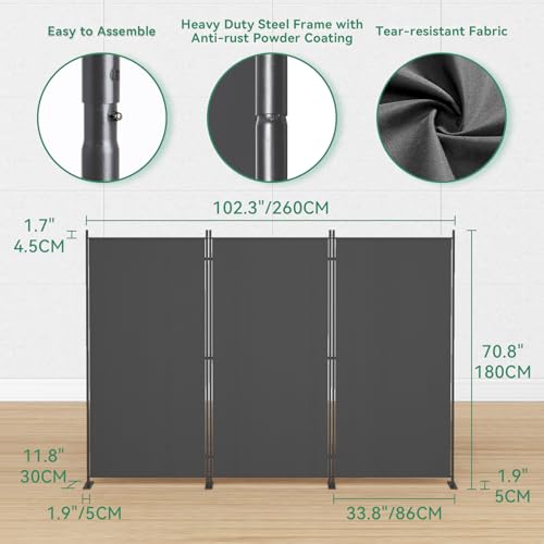 Helios&Hestia 8-Panel 6 ft Tall Indoor Folding Room Divider, Portable Privacy Screen, Freestanding Partition Separator, Temporary Wall Separation for Bedroom, Office, 160" W X 71" H, Dark Grey