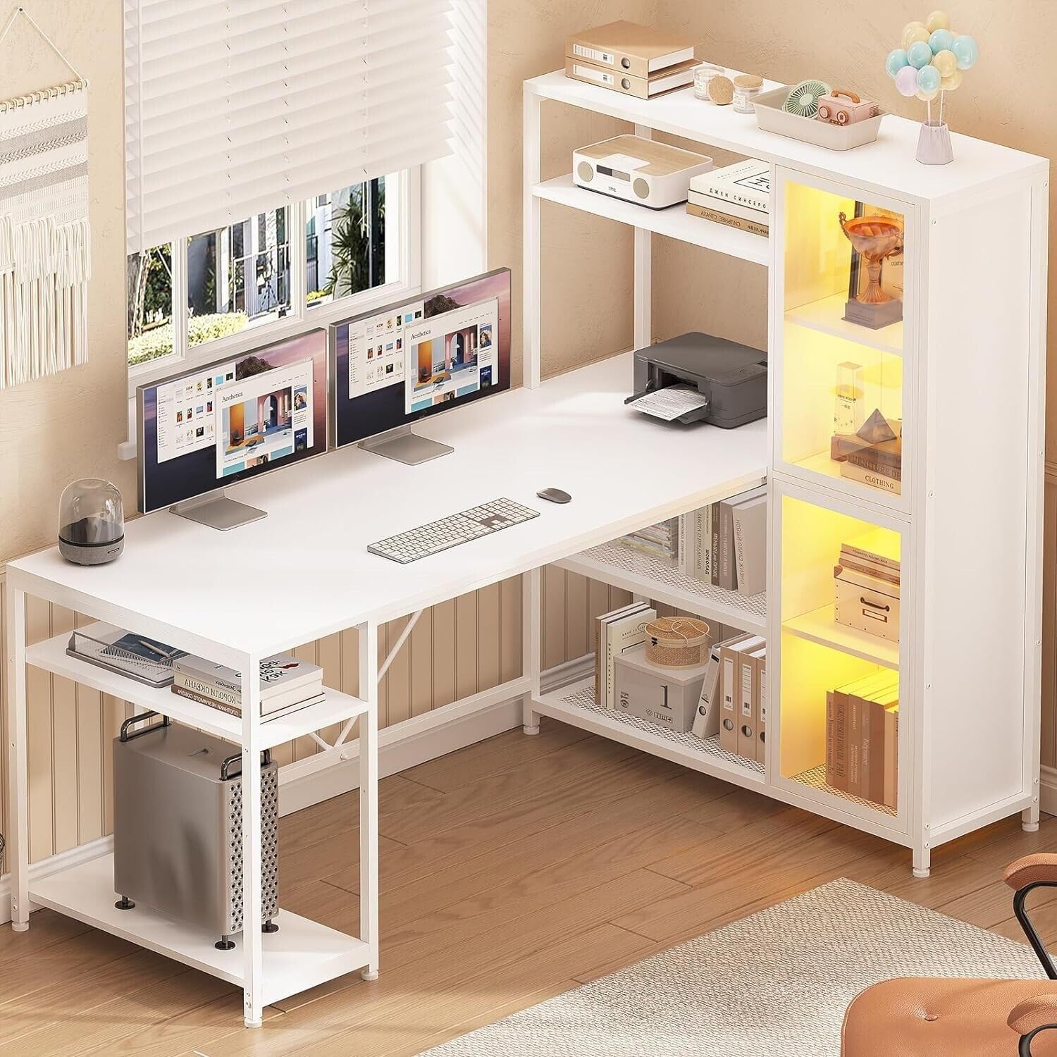New White 59 Inches L Shape Computer Desk Shelves Storage Display LED Light Bookshelf Door Gamer Table Corner Gaming Cabinet File Shelf Outlets Power Home Office Modern 59”L x 31.5”W x 50.7”H of Set