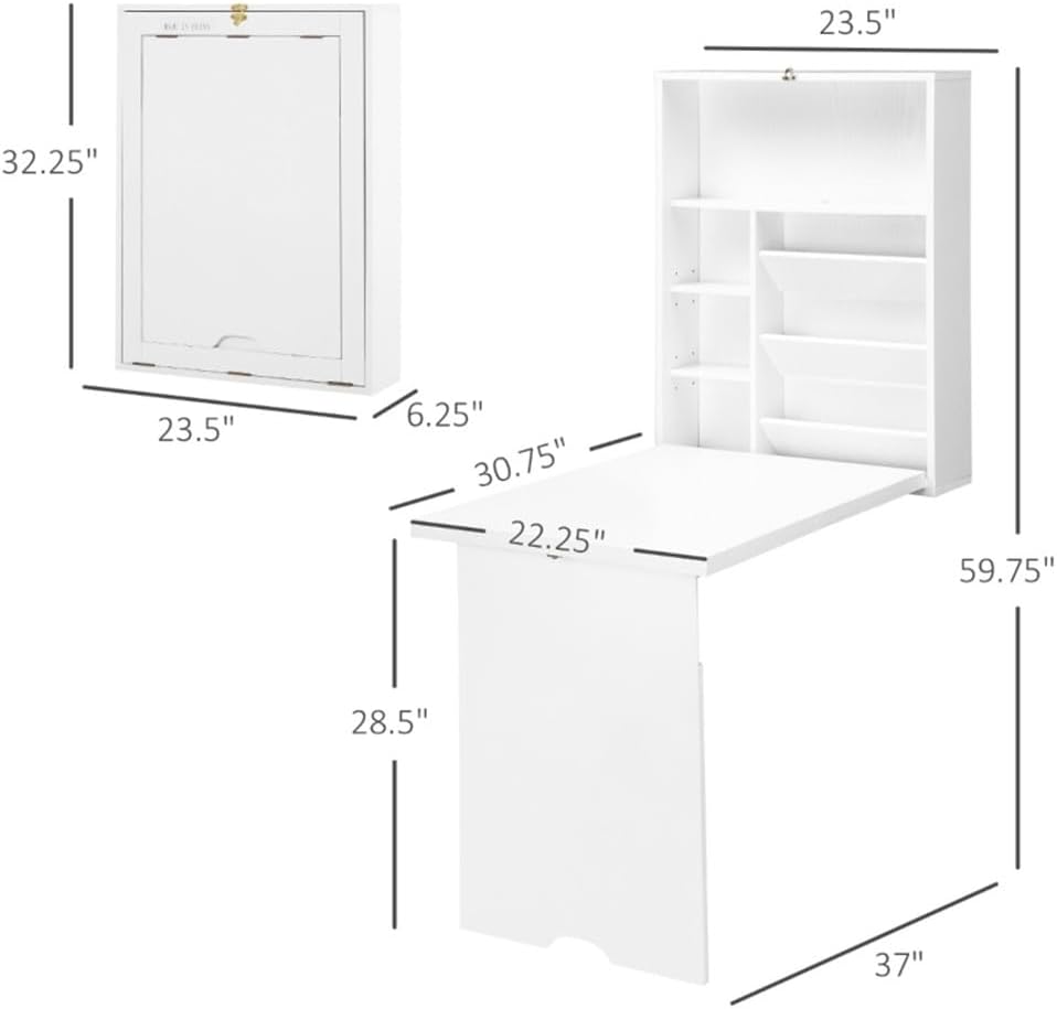 Wall Mounted Desk, Fold Out Convertible Floating Desk, Space Saving Computer Desk Hanging Table with Storage Area,White