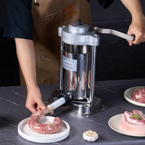 VEVOR Manual Sausage Stuffer, 7 L / 15 LBS Vertical Sausage Machine, Dual-Speed Meat Stuffer, Made of Food-Grade 304 Stainless Steel, Includes 5 Stuffing Tubes, for Home Kitchen Restaurant Commercial