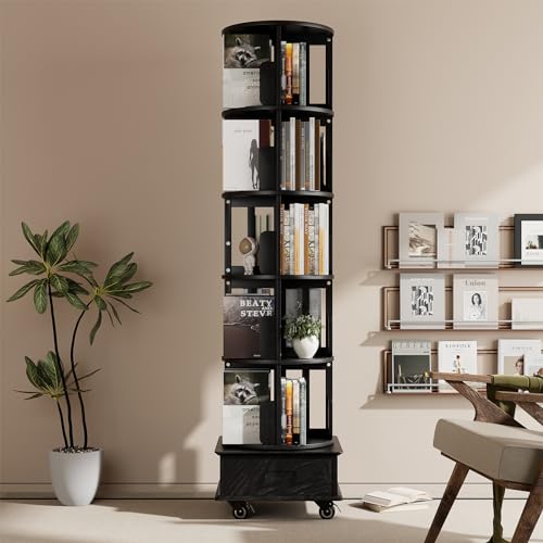 Solid Wood Rotating Book Shelf, 360° Display Bookcase with Drawer, 5-Tier Mobile Bookshelf with Wheels, 79" Tall Bookcase for Narrow Space, Spinning Bookshelf Tower for Home Office, Study Room, Black