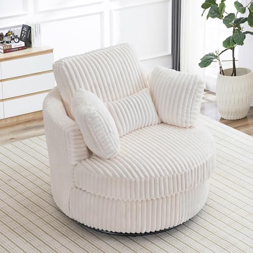 Chair and A Half with Ottoman, 360° Swivel Accent Barrel Chair Modern Comfy Round Reading Sofa Swivel Chairs Circle Lounge Chair for Bedroom Living Room w/4 Pillow Lower Seating Heigh (White, Large)