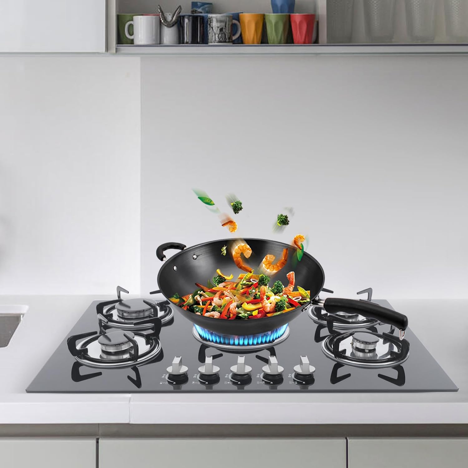 30 Inch Gas Cooktop, 5 Burners Gas Stovetop Cooktop Tempered Glass Built-in LPG/NG Convertible Gas Hobs Cooker for HomeKitchen, Restaurant