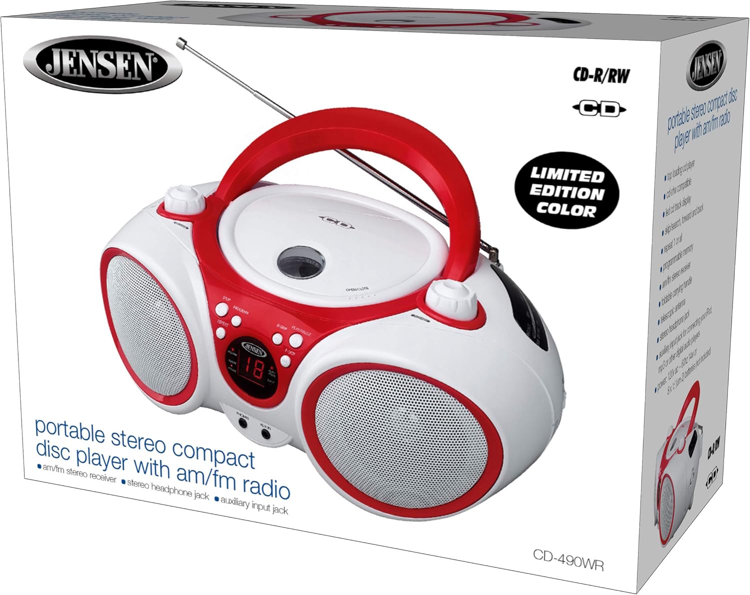 Jensen CD Boombox CD-490 White/Red Portable Stereo Boombox + CD-R/RW Player with AM/FM Radio and Aux Line-In (Limited Edition Color) Pack of 2