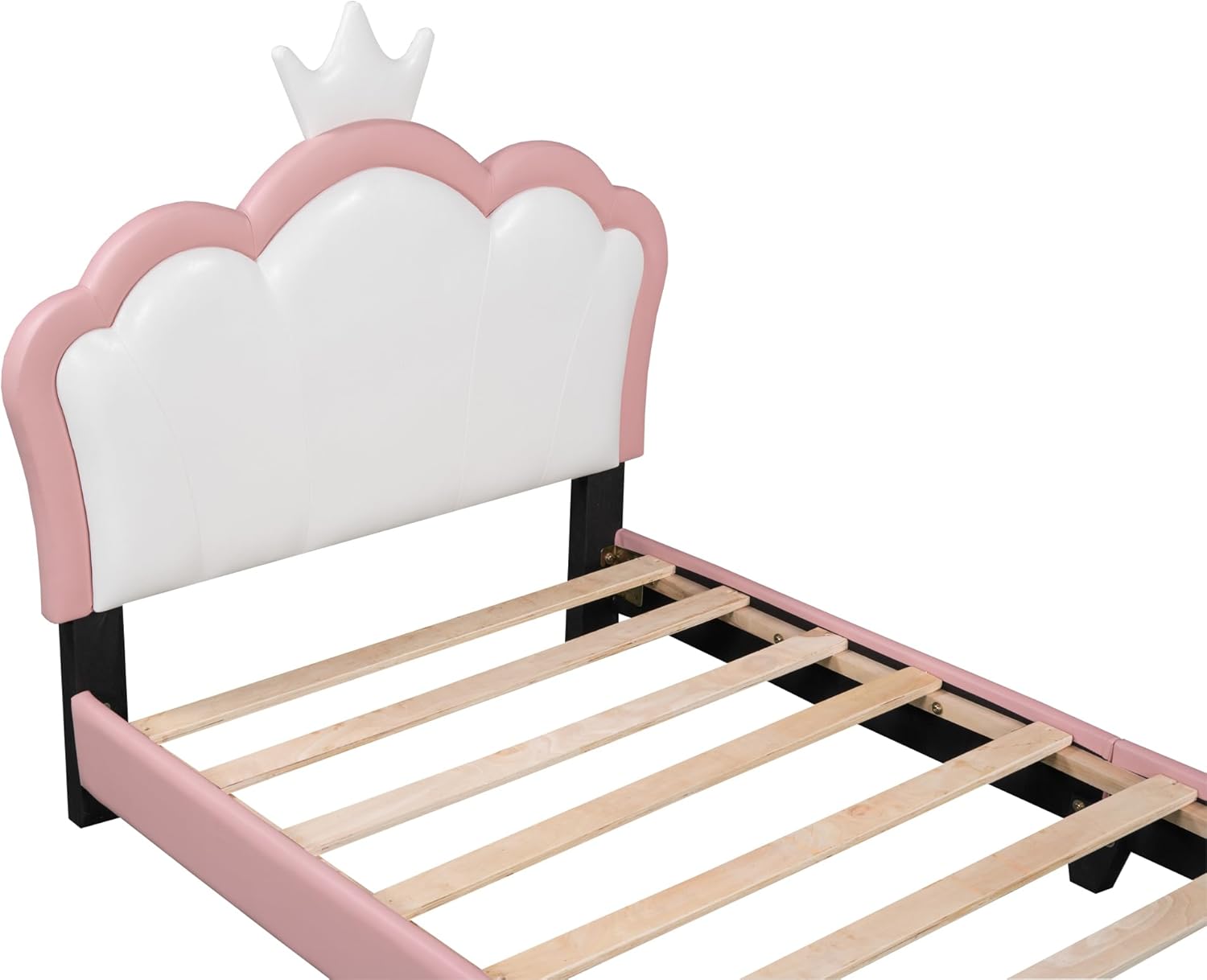 Bellemave Twin Size Princess Bed Frame with Crown Headboard, PU Upholstered Princess Twin Bed for Girls,Kids Twin Platform Bed,(Twin,Pink)