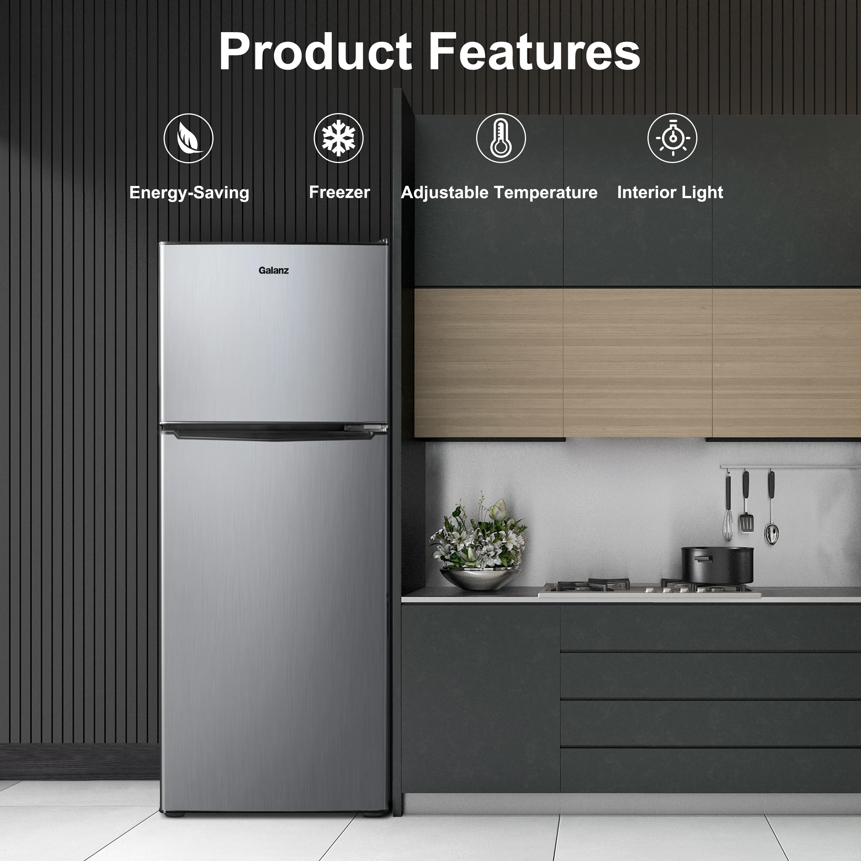 Galanz 4.6. Cu ft Two Door Mini Fridge with Freezer, Stainless Steel Look new