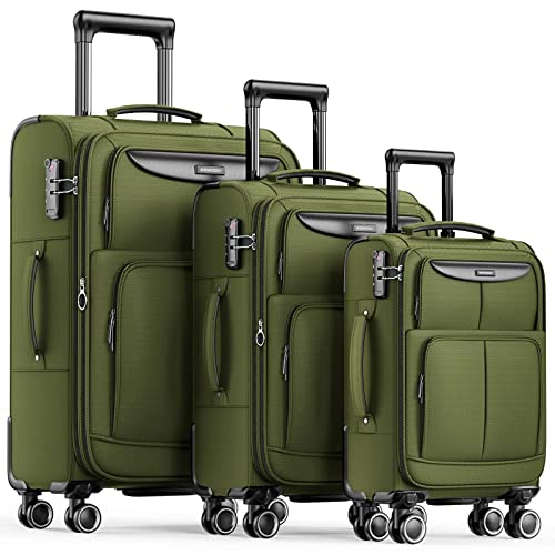 SHOWKOO Luggage Sets 3 Piece Softside Expandable Lightweight Durable Suitcase Sets Double Spinner Wheels TSA Lock Armygreen (20in/24in/28in)