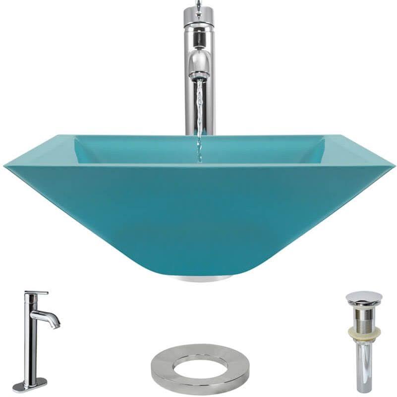 Rene R5-5003-CER-R9-7001 16-1/2x22 Glass Vessel Bathroom Sink with Vessel Faucet Cerulean / Chrome
