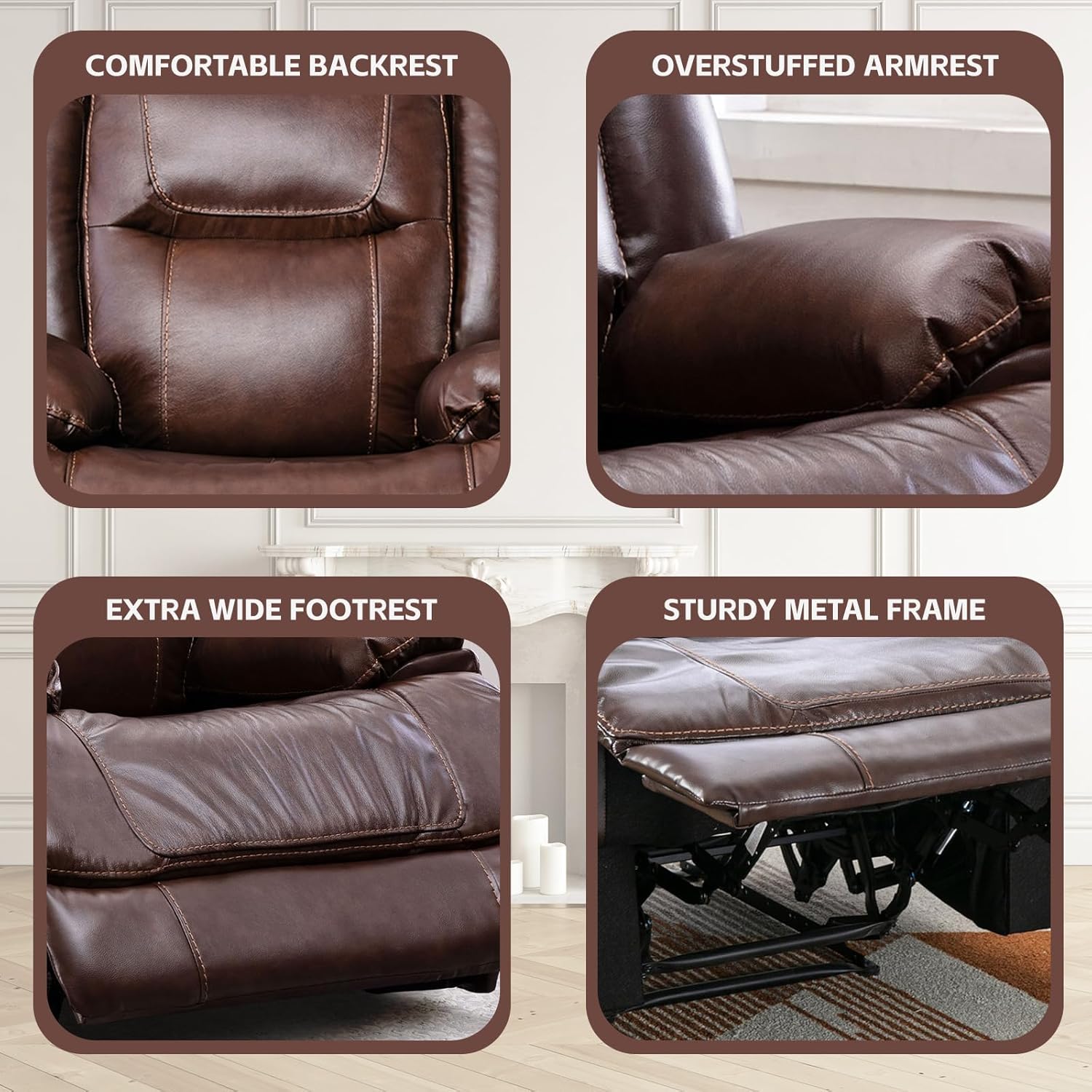Genuine Leather Manual Recliner, Classic Traditional Reclining Chair with Overstuffed Back and Arm, Single Sofa Recliner Chair for Living Room, Bedroom, Home Theater (Brown)
