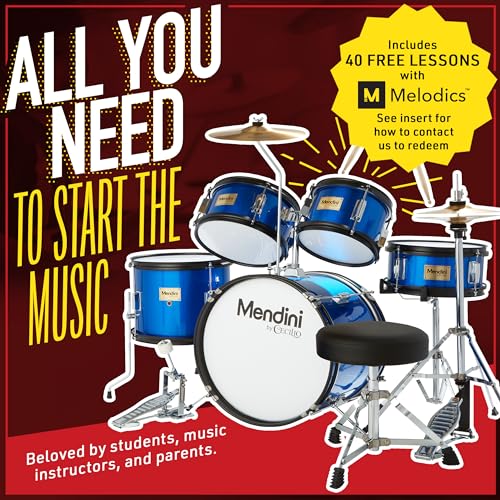Mendini by Cecilio Drum Set, 5 Piece 16 Inch Junior Drums Kit with Bass, Toms, Snare Drum, Cymbal, Hi-Hat, Drumsticks & Seat for Beginner Student (Metallic Black)