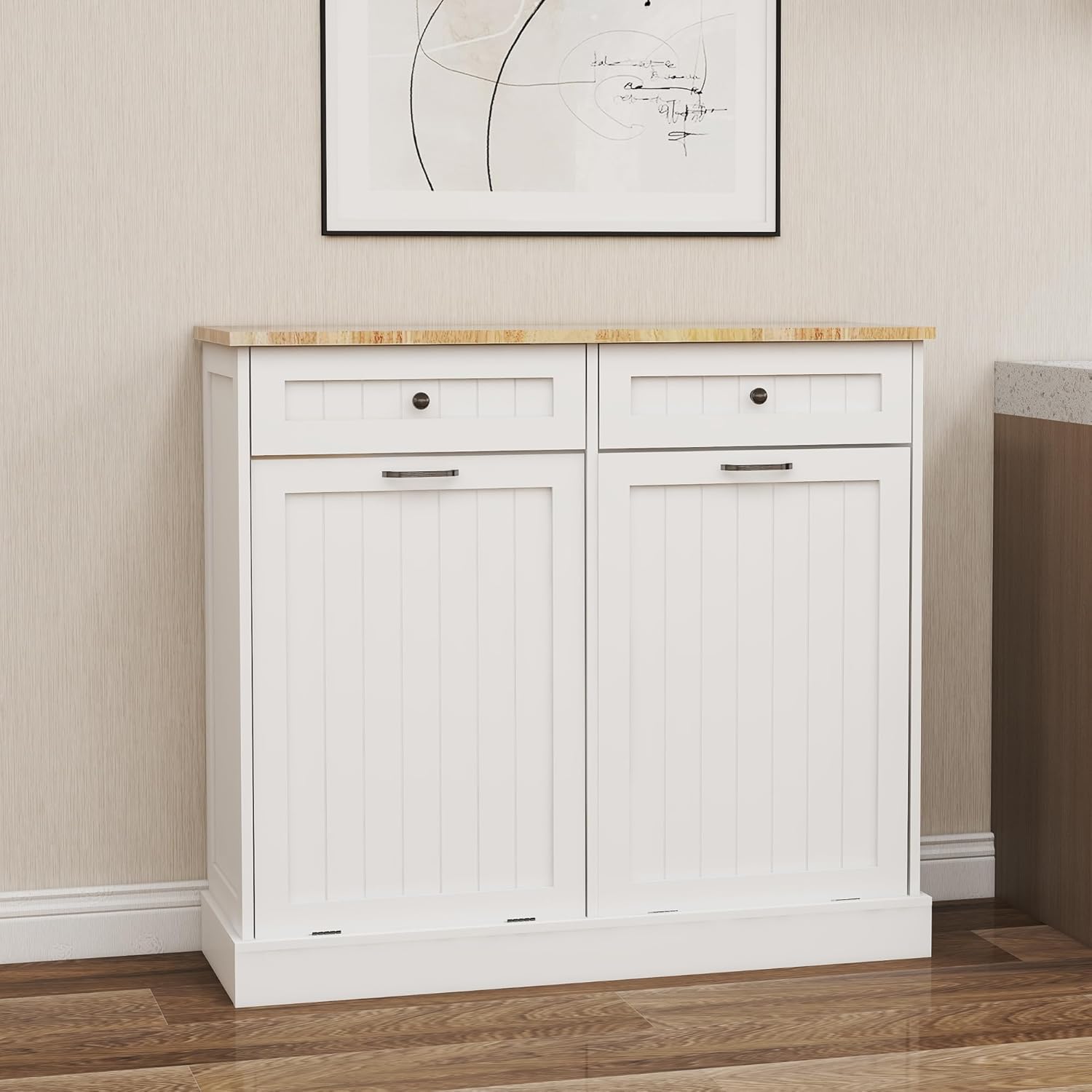 Ucloveria Double Tilt Out Trash Cabinet, Free Standing Garbage Can Cabinet 2 Drawer Tilt-Out Laundry Sorter Cabinet, Hidden Trash Can Holder Recycling Cabinet with Wood Tabletop for Kitchen