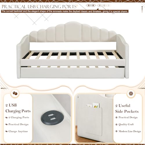 Twin Size Daybed with Trundle, Velvet Day Bed Frame with 2 USB Charging Ports, No Box Spring Needed, Modern Upholstered Sofa Bed with Roll-out Trundle for Bedroom, Living Room, Guest Room, Pink