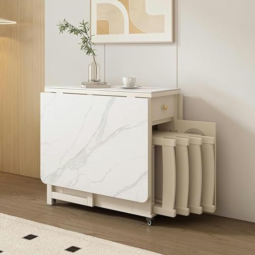 Folding Dining Table, White Dinner Table with Drawer and Storage and Shelves, Space Saving Wood Slate Dining Table with 4 Wheels, Kitchen Table for Small Spaces, 120X80x75cm