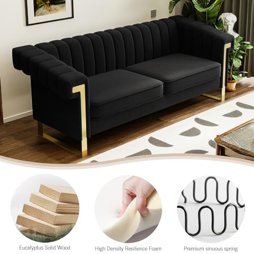 83" Modern Luxury Velvet Couch Comfortable 3 Seater Tufted Sofa Comfortable 3 Person Fashion Couches Solid Wood Frame Metal Legs for Living Room Office Playroom Furniture (P82-Black)