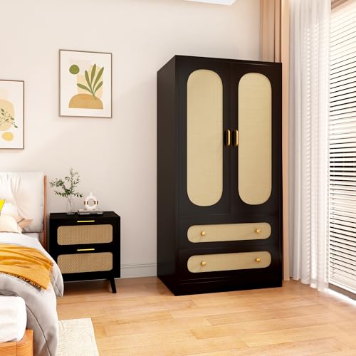 2 Door Wood Wardrobe Bedroom Closet, Rattan Wardrobe Cabinet with 2 Drawers & Hanging Rail, Freestanding Large Capacity Storage for Dormitory, Apartment, (Black)