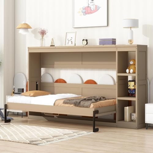 Full Murphy Bed with Storage Shelves,Wood Murphy Bed Cabinet with Storage Bookcase,Fold Up Bed Modern Murphy Wall Bed Full Size (White,Full)