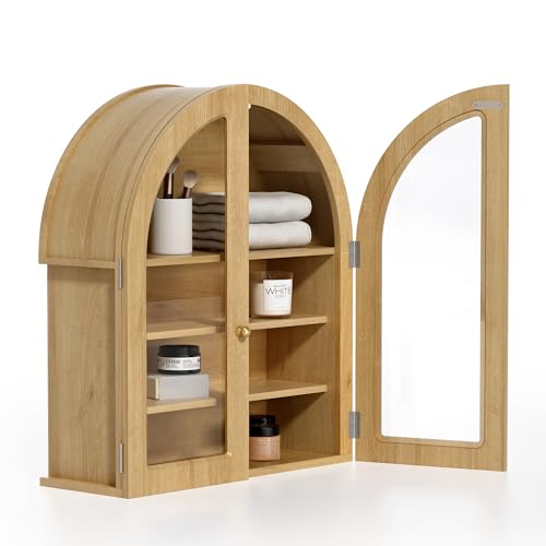 Large Arched Wall Cabinet, Bathroom Medicine Wall Mounted Cupboard, Modern Floating Storage Cabinet with Acrylic Door Adjustable Shelf, Wood Organizer (Natural Oak)