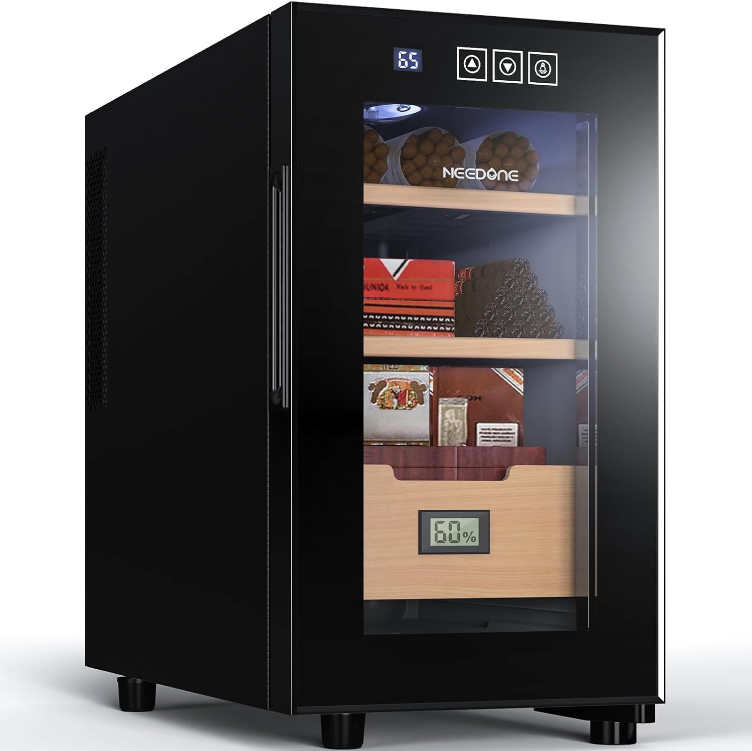 NEEDONE Electric Humidor 23L with Heating and Cooling Quiet Control System, Thermostatic Cooler Cabinet for 150 Counts with Spanish Cedar Wood Shelves & Drawer with Hygrometer, Gift for Men