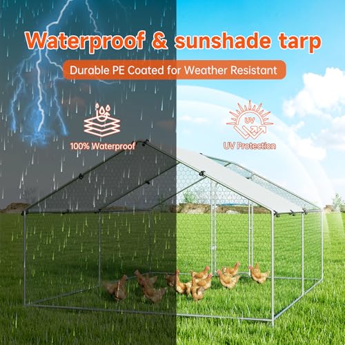 Large Metal Chicken Coop, Chicken Run Poultry Cage Hen with Water-Resident and Anti-UV Cover for Duck Rabbit House Outdoor Walk-in Chicken Pen for Yard, Dome Roof(10’ W x 19.7’ L x 6.4’ H)