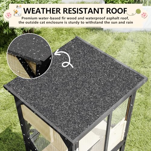 LEMBERI Cat House Outdoor Catio Cat Enclosures on Wheels, 71" Large Outside Patio Wooden Cat Cage Resting Box,Scratching Post, Waterproof Roof (Gray, 71")