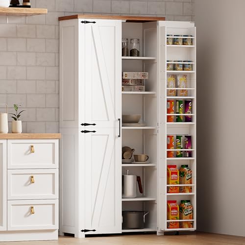 HollyHOME 72" Kitchen Pantry Cabinet, Storage Cabinet with 4 Doors and 1 Drawer, Freestanding Cupboard with Adjustable Shelves and 6 Door Shelves for Kitchen, Dining Room, Living Room, White