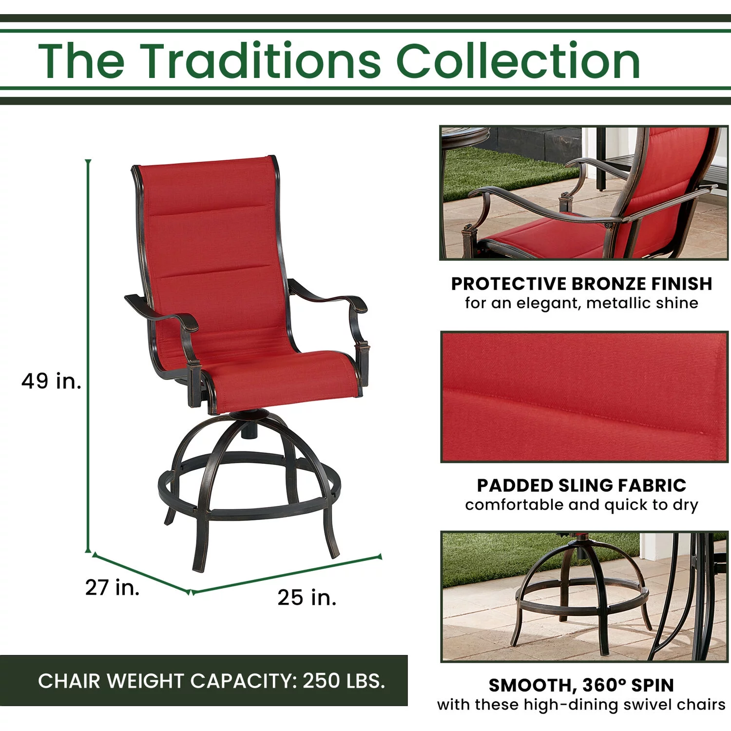 Hanover Traditions 5-Piece Outdoor High Dining Fire Patio Set, 4 Counter-Height Padded Sling Swivel Chairs and Slat-Top Gas Fire Pit Aluminum Table, Brushed Bronze Finish, Rust-Resistant, All-Weather - Curated Treasures Market