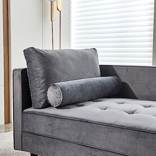 Taikonaut 64" Upholstered Velvet Chaise Lounge with Left Armrest & Lumbar Pillow, Button Tufted Lounge Sofa, Lounge Chair Indoor, Modern Velvet Lounge Chair for Bedroom, Living Room and Office (Gray)