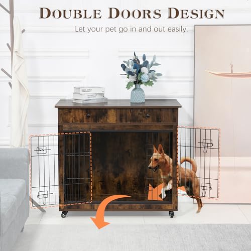Wooden Furniture Style Dog Crate with 2 Drawers,Indoor Double Doors Doggy House End Table,W/Wire Mesh and Cross-Thickened Iron Bars,Chew-Proof,for Small Pet,Grey,31.7" L×23.2" W×33" H
